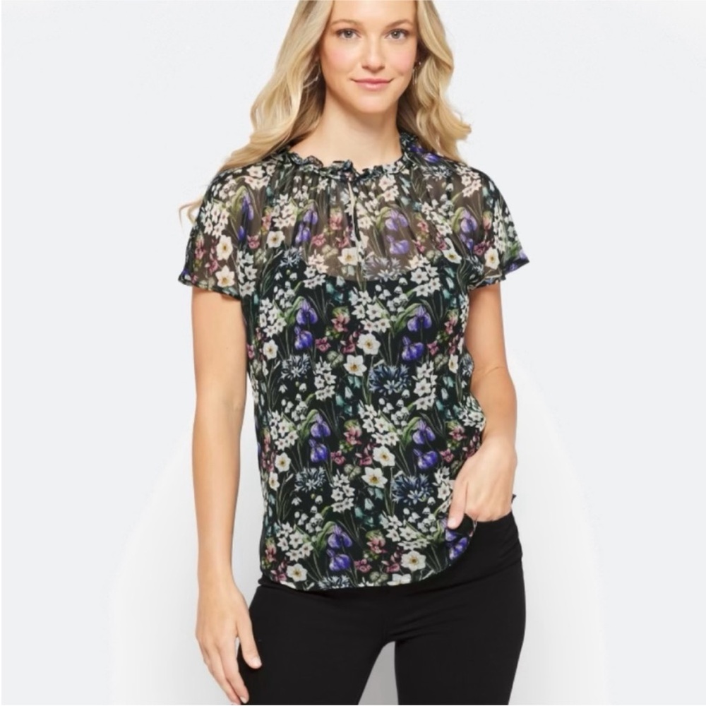 Amour Vert Maisie Summer Fields Sheer Blue Purple Flutter Sleeve Ruffled Blouse